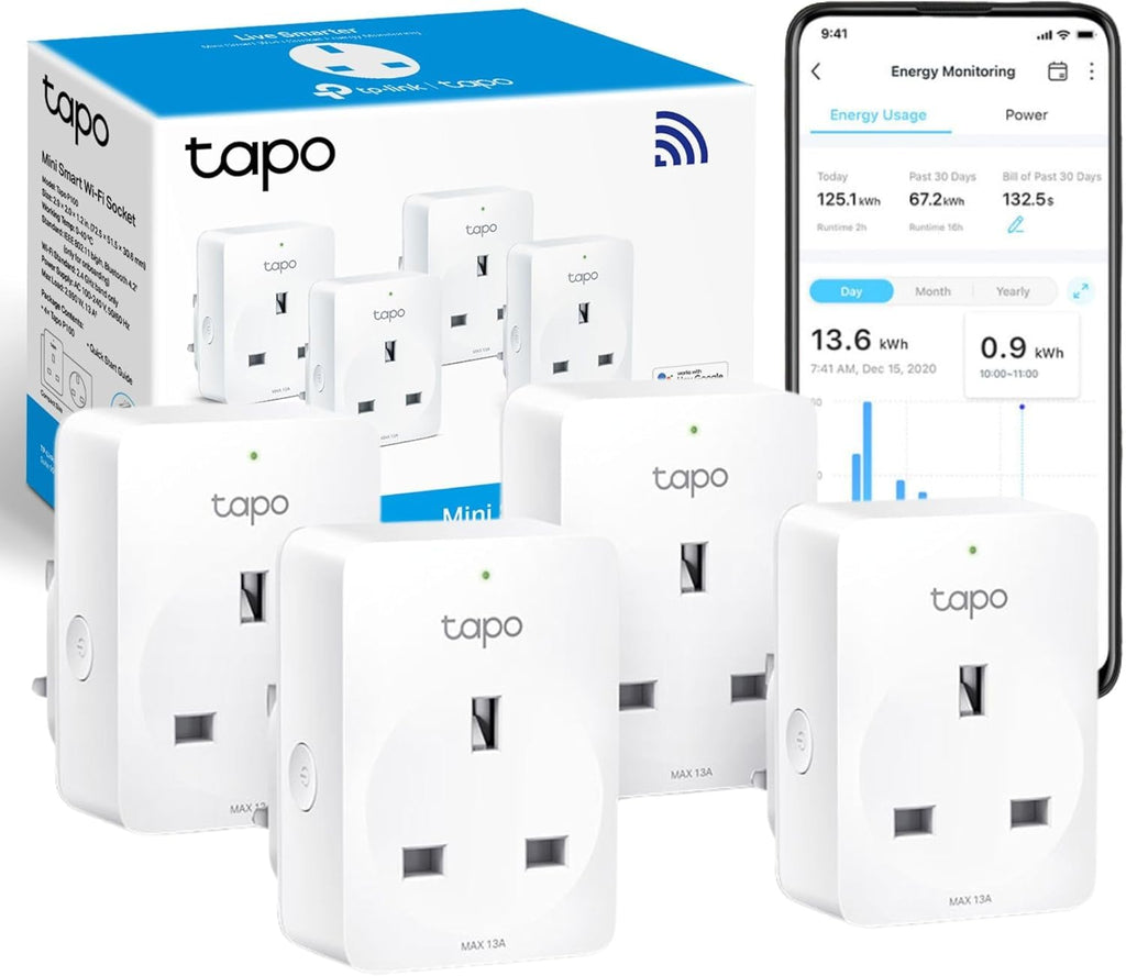 Tapo P110 (4-Pack) Smart Plug, WiFi Plug, Energy Monitoring, Electricity Usage Monitor, App Remote Control, Alexa,Voice Control with Alexa & Google, Away Mode, Scheduling & Timer, Device Sharing