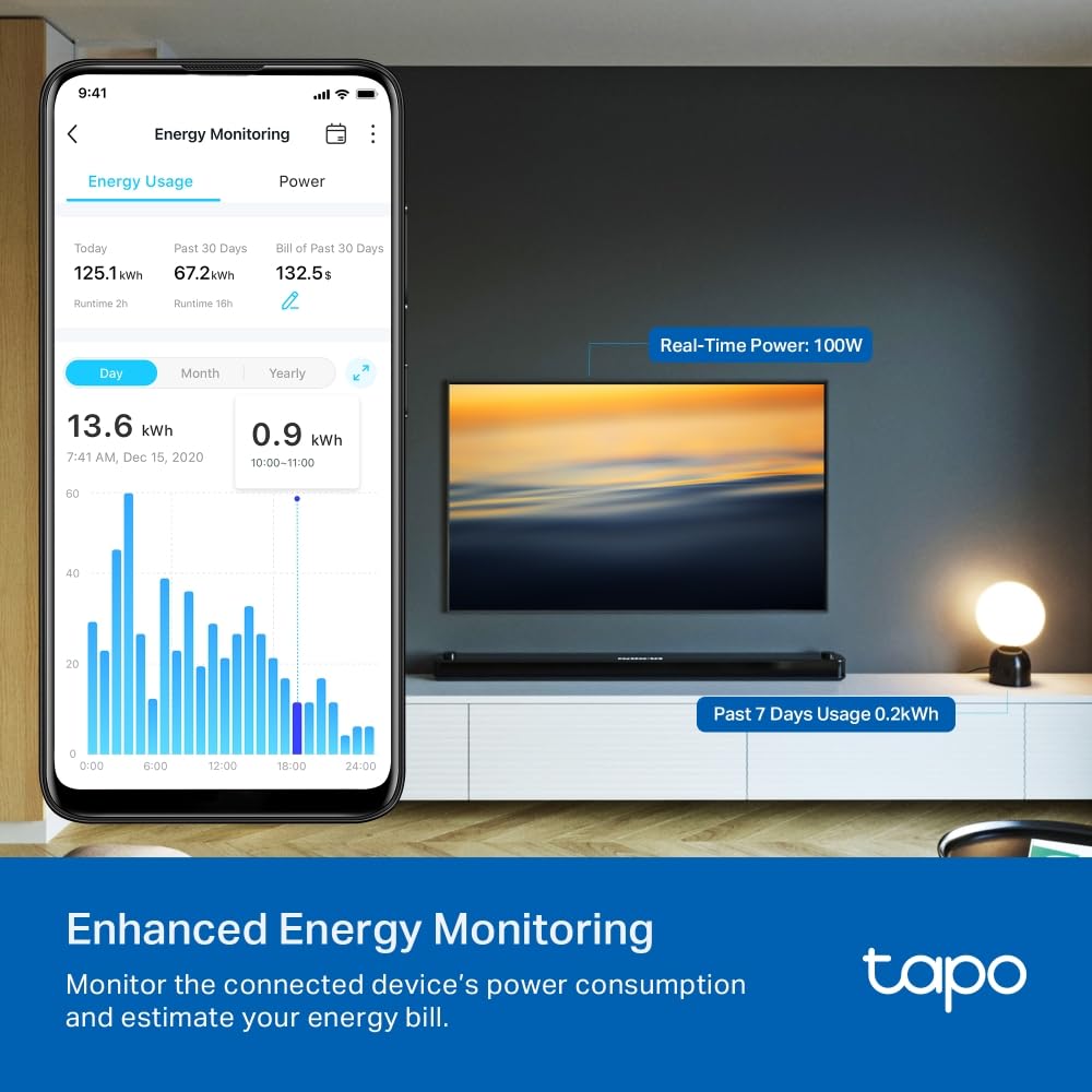 Tapo P110 (4-Pack) Smart Plug, WiFi Plug, Energy Monitoring, Electricity Usage Monitor, App Remote Control, Alexa,Voice Control with Alexa & Google, Away Mode, Scheduling & Timer, Device Sharing