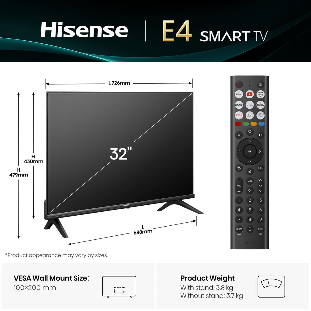 Hisense 32" 32E4QTUK FHD LED TV with Freely - Direct Lit LED, Dolby Audio, Natural Colour Enhancer, Games Mode, Sports Mode with Freely, Disney +, YouTube, Netflix