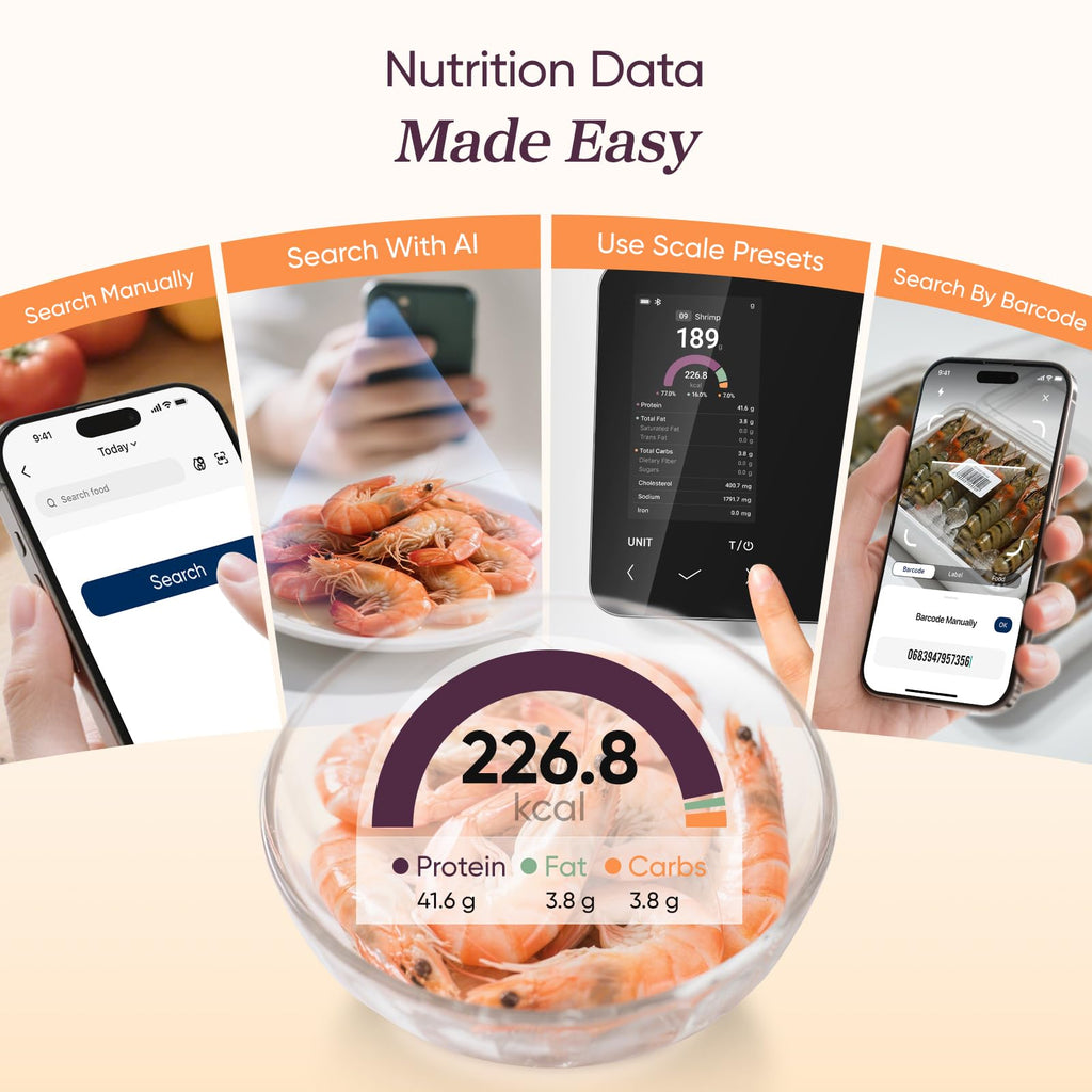 Cosori Smart Kitchen Food Scales, Free App with 1.9 million UK Food Database, Premium Calorie Counting Scale, Clear Color Display, AI Scan, Track 19 Nutrients, USB-C, Offline Mode, Eat Smarter