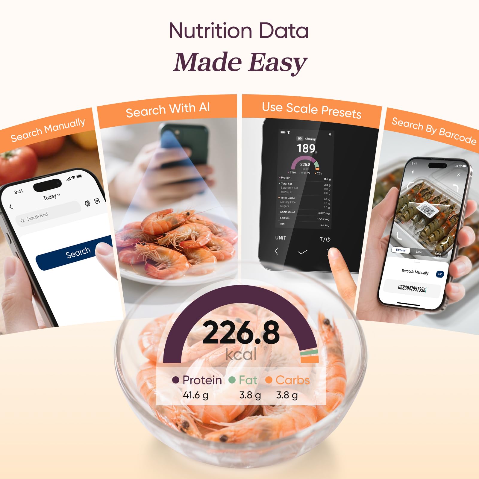 Cosori Smart Kitchen Food Scales, Free App with 1.9 million UK Food Database, Premium Calorie Counting Scale, Clear Color Display, AI Scan, Track 19 Nutrients, USB-C, Offline Mode, Eat Smarter