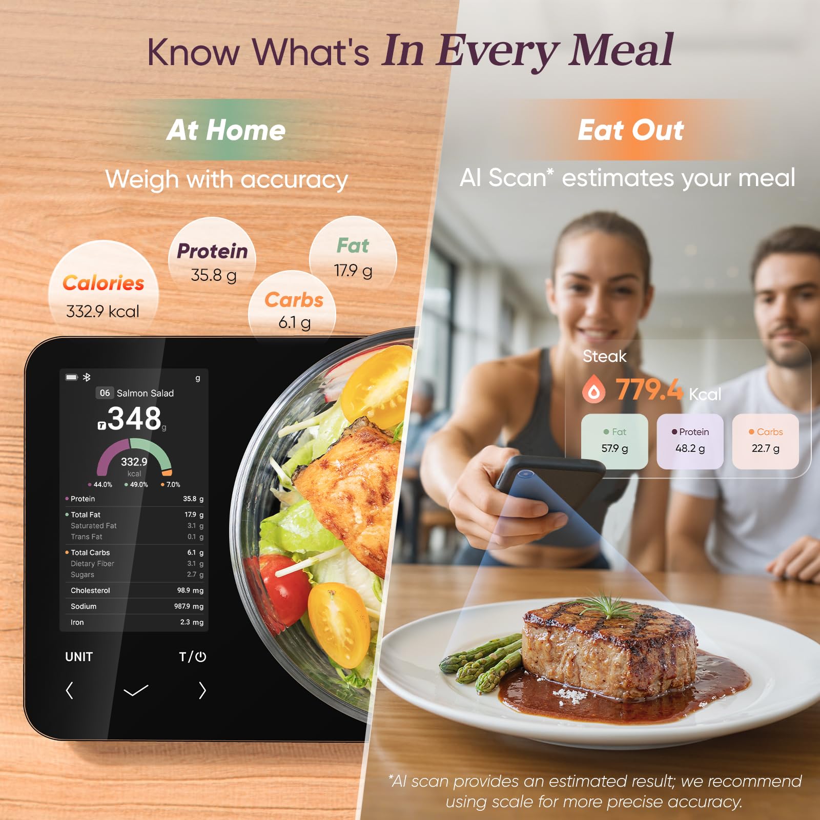 Cosori Smart Kitchen Food Scales, Free App with 1.9 million UK Food Database, Premium Calorie Counting Scale, Clear Color Display, AI Scan, Track 19 Nutrients, USB-C, Offline Mode, Eat Smarter