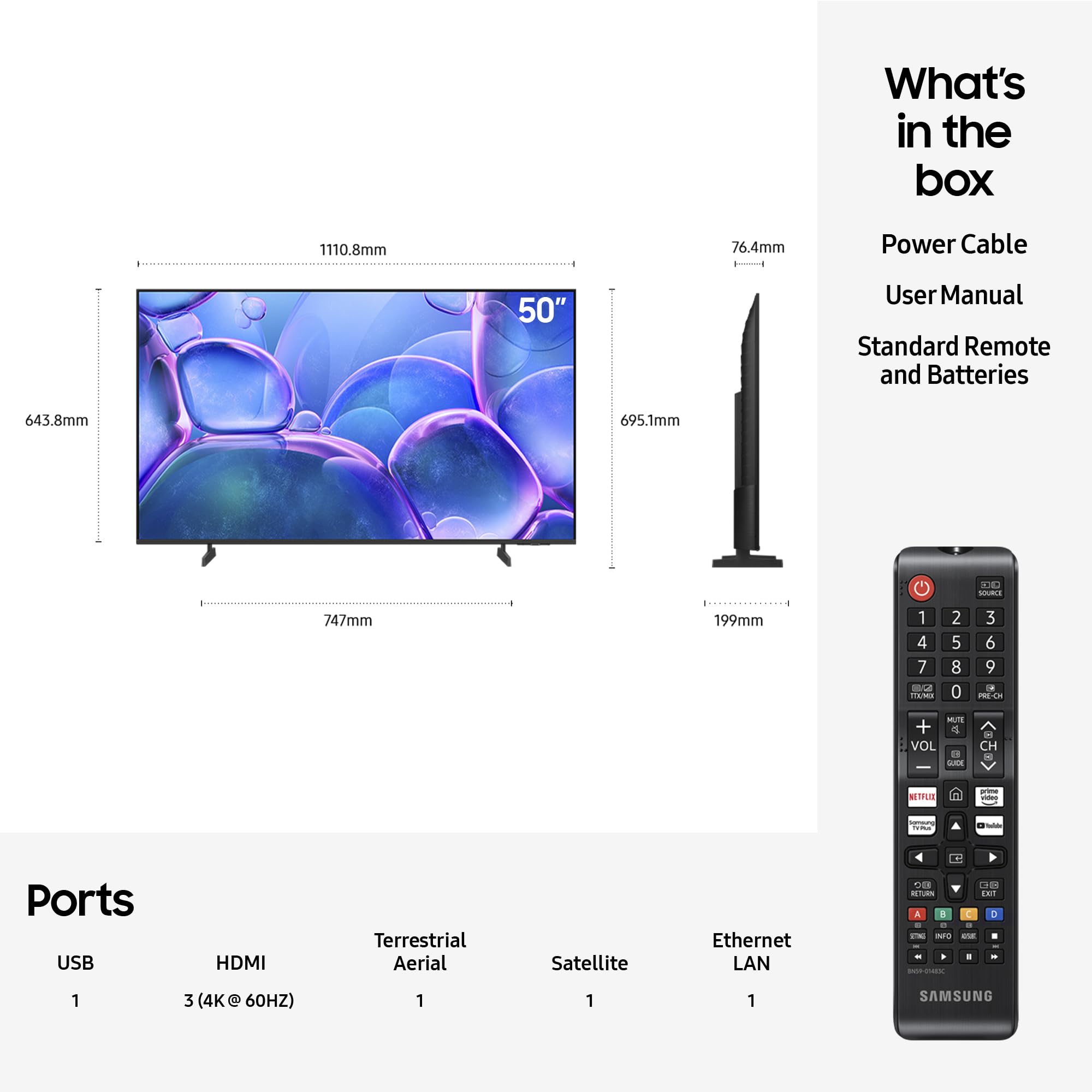 Samsung Crystal UHD 50" U7000F, Crystal Processor 4k, 4k Upscaling, Object Tracking Sound Lite, One UI Tizen, Smart TV, 2025