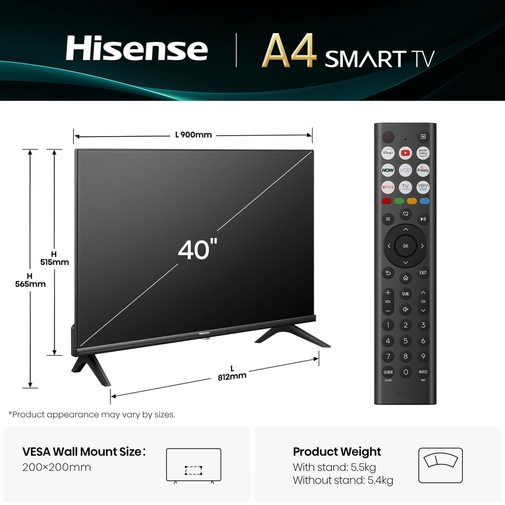 Hisense 40" 40A4QTUK FHD LED TV with Freely - Direct Lit LED, Dolby Audio, Natural Colour Enhancer, Games Mode, Sports Mode with Freely, Disney +, YouTube, Netflix