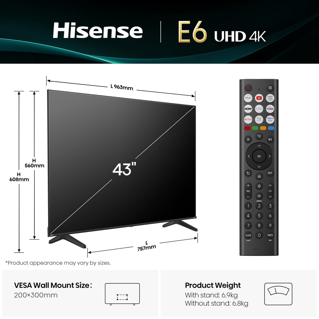 Hisense 43" 43E6QTUK 4K Ultra HD Smart TV AI TV - 4K UHD, Hi-View AI Engine, Precision Colour, AI Smooth Motion, Sports Mode with Freely, Disney +, YouTube, Netflix