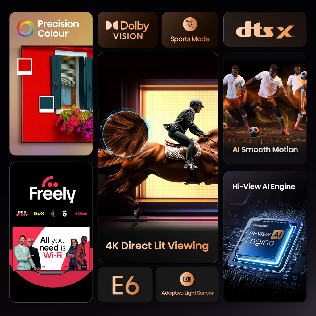 Hisense 43" 43E6QTUK 4K Ultra HD Smart TV AI TV - 4K UHD, Hi-View AI Engine, Precision Colour, AI Smooth Motion, Sports Mode with Freely, Disney +, YouTube, Netflix