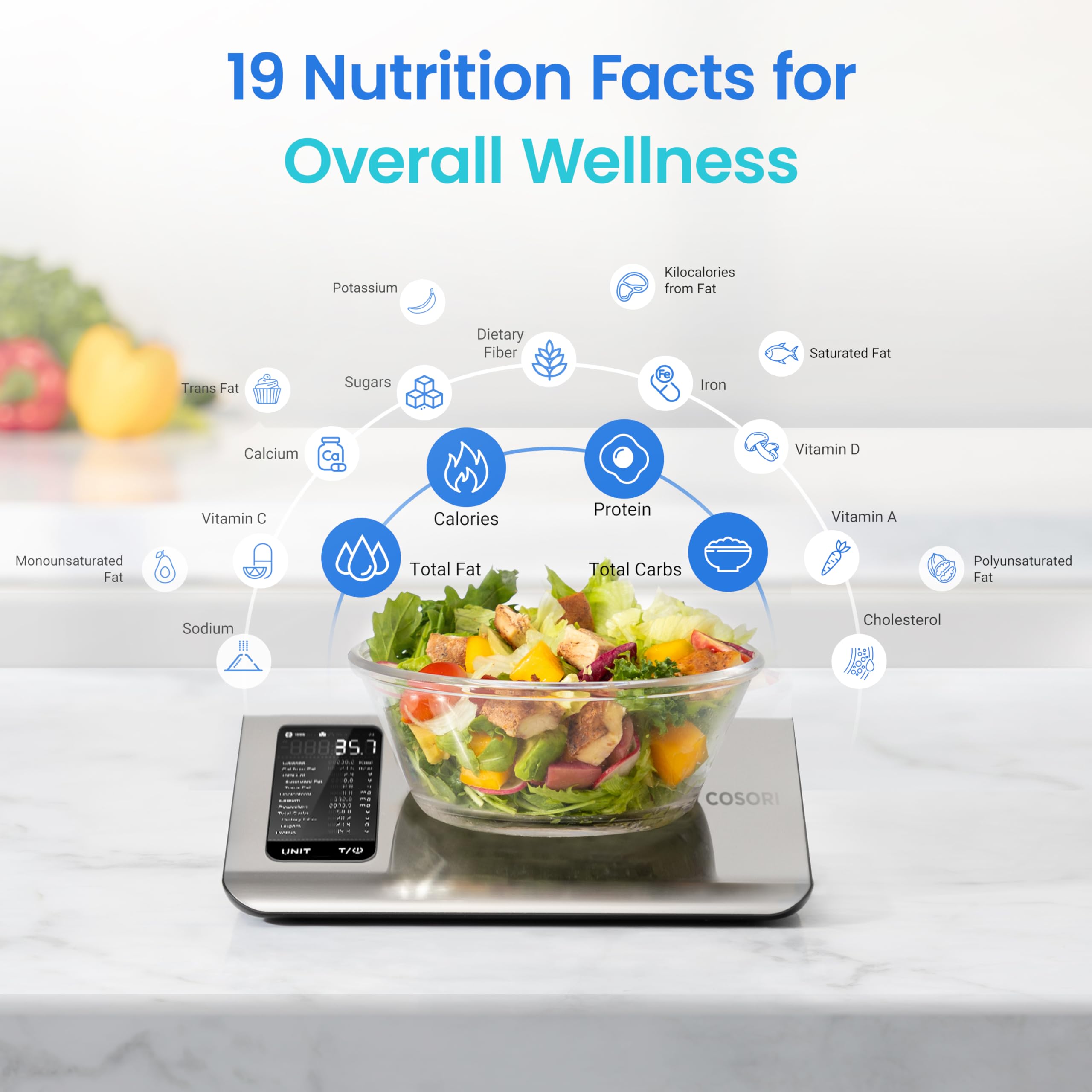 Cosori Smart Kitchen Food Scales, Free App with 1.9 million UK Food Database, Nutrition Scale with 19 Nutrients Tracking, Calorie Counting for Weight Loss&Fitness, Premium Stainless Steel, Silver
