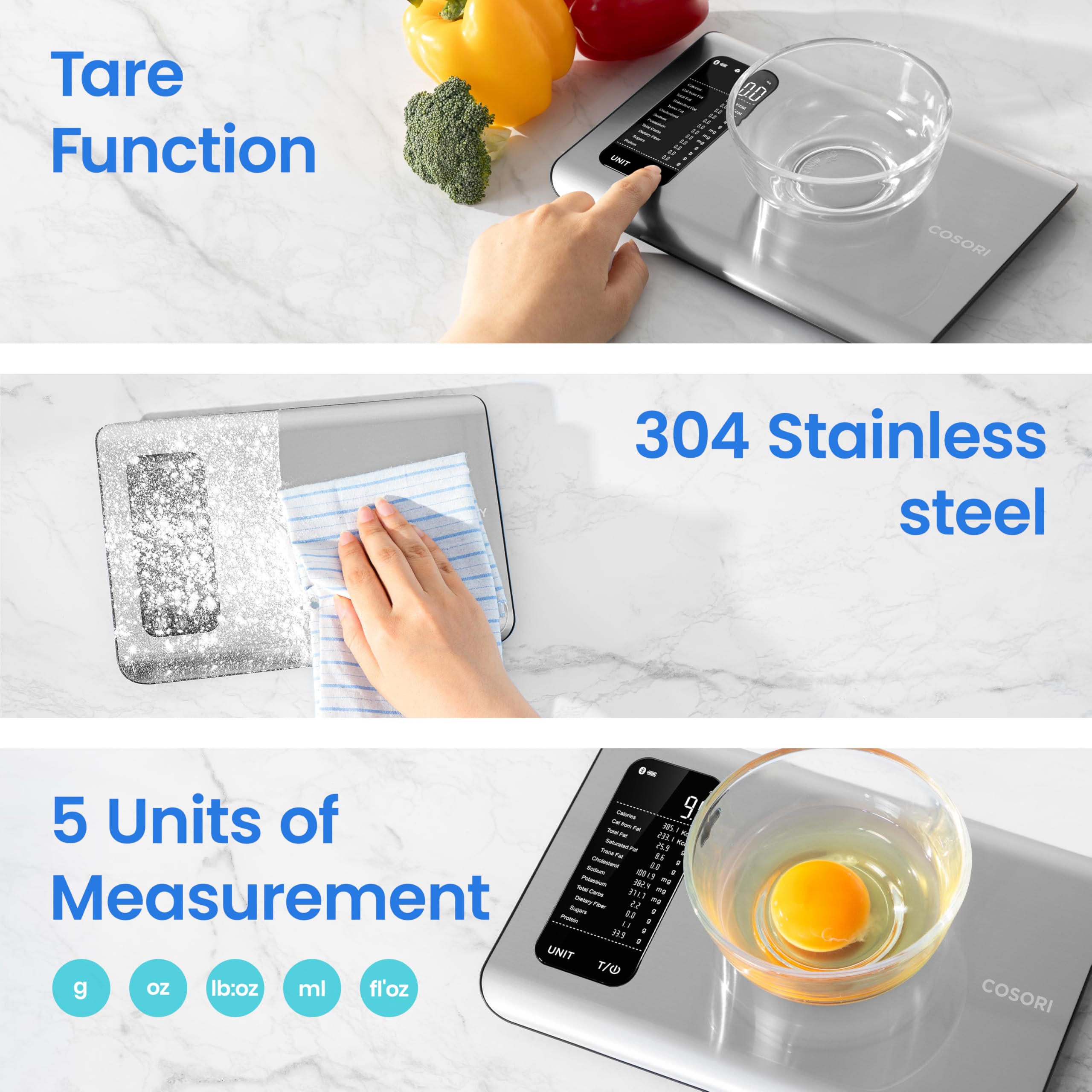 Cosori Smart Kitchen Food Scales, Free App with 1.9 million UK Food Database, Nutrition Scale with 19 Nutrients Tracking, Calorie Counting for Weight Loss&Fitness, Premium Stainless Steel, Silver