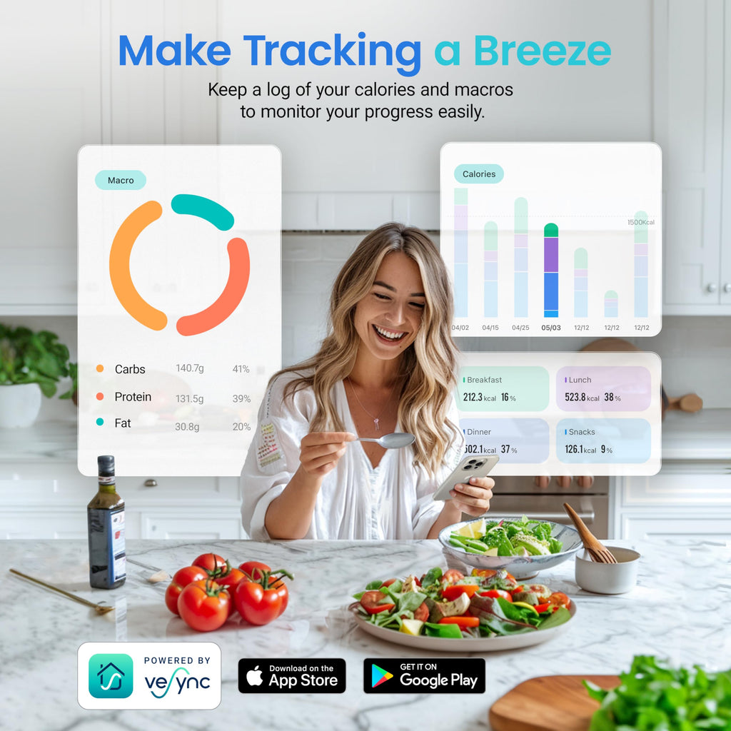 Cosori Smart Kitchen Food Scales, Free App with 1.9 million UK Food Database, Nutrition Scale with 19 Nutrients Tracking, Calorie Counting for Weight Loss&Fitness, Premium Stainless Steel, Silver
