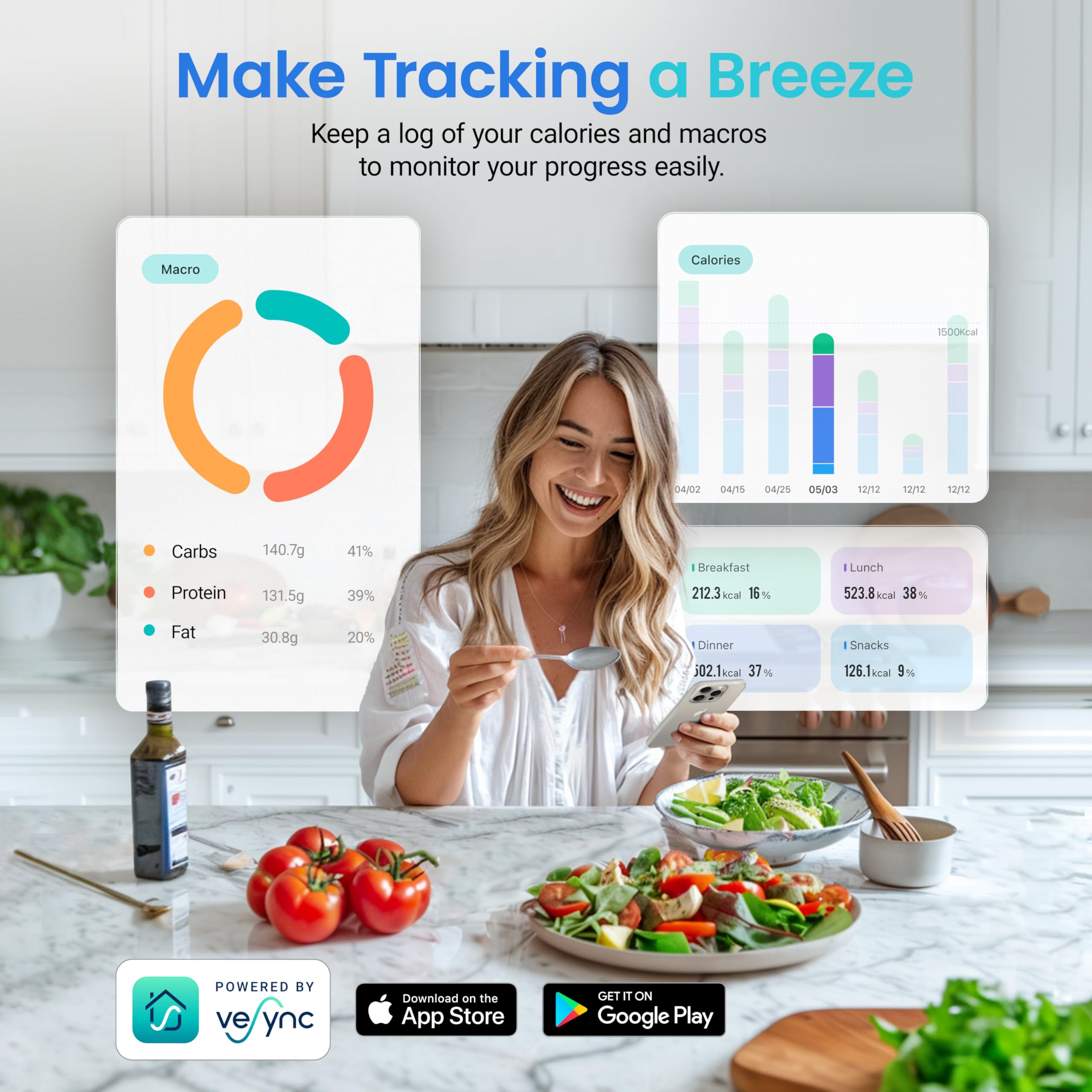 Cosori Smart Kitchen Food Scales, Free App with 1.9 million UK Food Database, Nutrition Scale with 19 Nutrients Tracking, Calorie Counting for Weight Loss&Fitness, Premium Stainless Steel, Silver