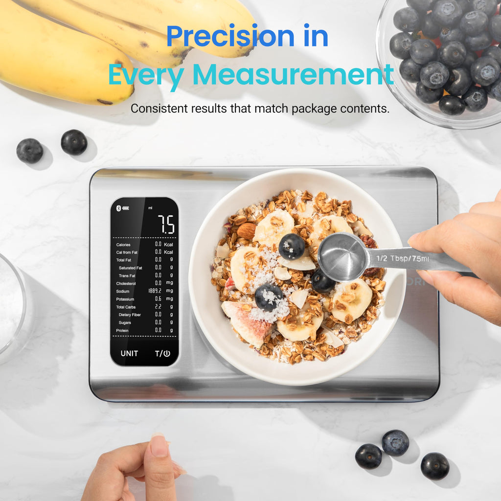Cosori Smart Kitchen Food Scales, Free App with 1.9 million UK Food Database, Nutrition Scale with 19 Nutrients Tracking, Calorie Counting for Weight Loss&Fitness, Premium Stainless Steel, Silver