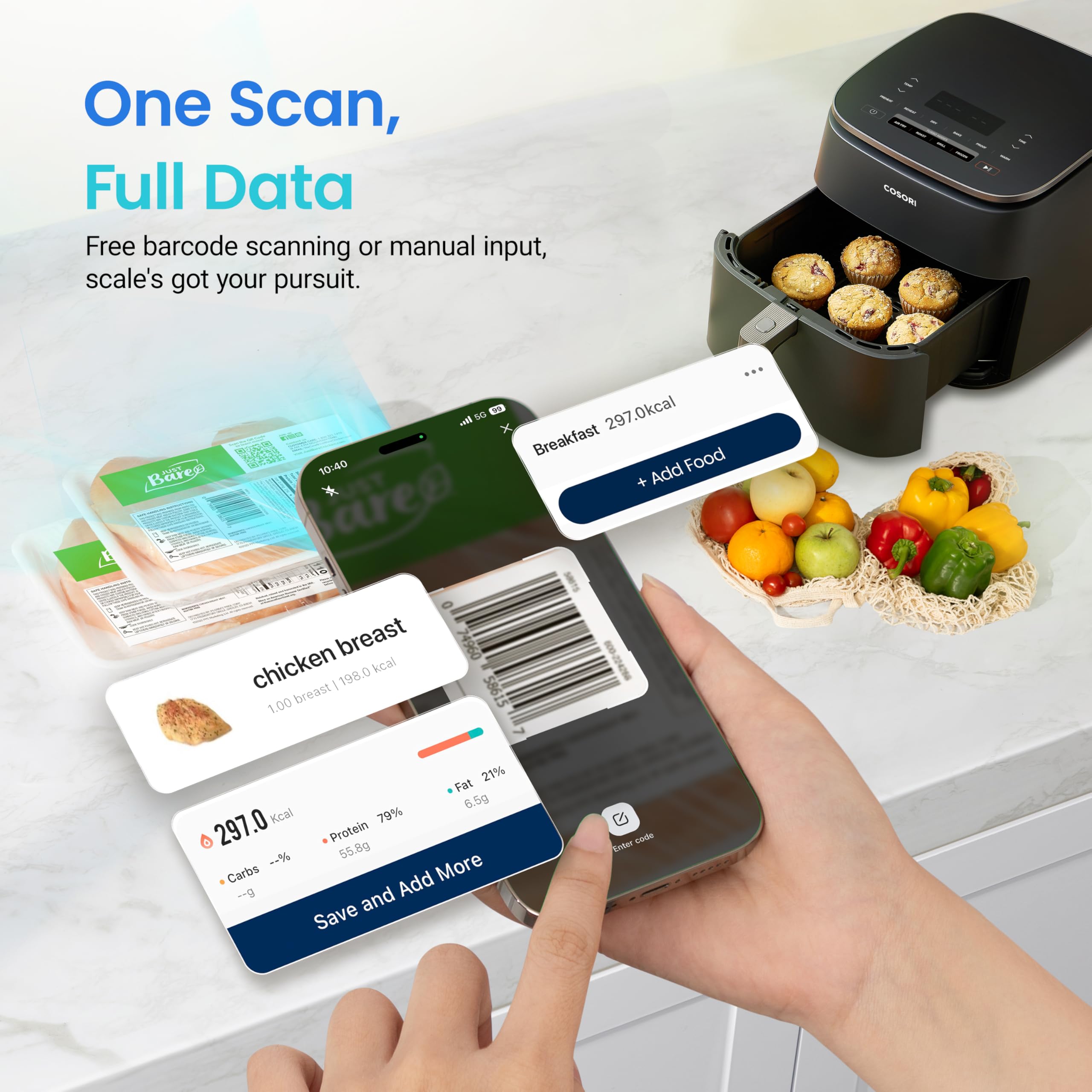 Cosori Smart Kitchen Food Scales, Free App with 1.9 million UK Food Database, Nutrition Scale with 19 Nutrients Tracking, Calorie Counting for Weight Loss&Fitness, Premium Stainless Steel, Silver